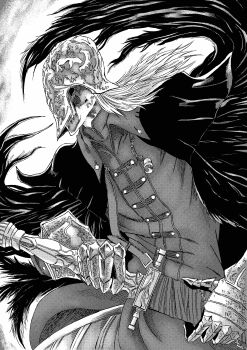 1boy 913kousatu absurdres bloodborne bloody_crow_of_cainhurst cape coat commentary_request cowboy_shot drawing_sword feathered_wings gauntlets greyscale helm helmet highres holding holding_sword holding_weapon long_hair male_focus monochrome scabbard sheath solo sword weapon wings