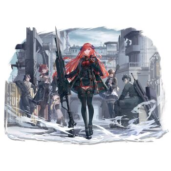 Rule 34 | 2boys, 4girls, animal ears, arknights, bagpipe (arknights), bagpipe (royal guardswoman) (arknights), black boots, black gloves, black hair, black jacket, black pants, black skirt, black thighhighs, boots, breasts, brown hair, coat, crate, dragon horns, dress, full body, gloves, highres, horns, jacket, lance, long hair, long sleeves, looking at viewer, medium breasts, multiple boys, multiple girls, off shoulder, official alternate costume, official art, open clothes, open jacket, orange hair, outdoors, pants, polearm, purple eyes, red eyes, red hair, red shirt, shirt, short hair, sitting, skirt, sky, smile, spear, standing, suitcase, sword, thighhighs, thighs, transparent background, u-suke (supertie), very long hair, weapon, weapon on back, zettai ryouiki