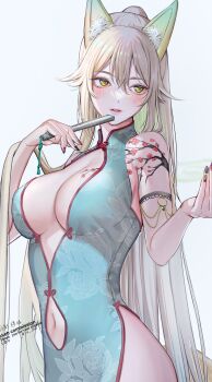 10_plus 1girl aegyo_sal animal_ear_fluff animal_ears arm_tattoo artist_name bare_shoulders blonde_hair blush breasts cleavage clothing_cutout commission commissioner_name dress folded_fan folding_fan fox_ears fox_girl green_dress hair_between_eyes hand_fan hands_up highres holding holding_fan large_breasts long_hair looking_at_viewer nail_polish navel navel_cutout original parted_lips ponytail simple_background skeb_commission sleeveless sleeveless_dress solo suirin_(tukikagerou) tattoo thank_you thick_lips twitter_username yellow_eyes