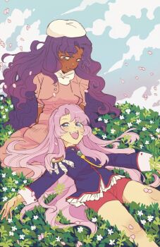 2girls beret bindi black_jacket blue_eyes commentary dark-skinned_female dark_skin dress english_commentary flower green_eyes hat highres himemiya_anthy jacket lap_pillow long_hair long_sleeves looking_at_another lying multiple_girls on_back on_grass open_mouth pink_dress pink_hair pink_jacket purple_hair red_shorts shorts shoujo_kakumei_utena sitting smile tenjou_utena tokimekiwaku very_long_hair wavy_hair white_flower white_hat