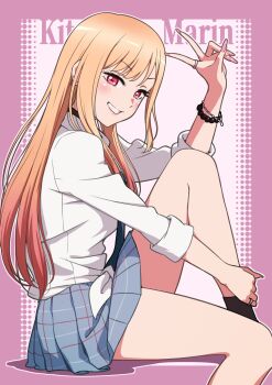 1girl :d absurdres black_choker black_socks blonde_hair blush choker collared_shirt commentary earrings eyelashes fingernails foot_out_of_frame from_side girugiru_(tektonics6588) gradient_hair grey_skirt grin gyaru hand_up highres hugging_own_legs jewelry kitagawa_marin knee_up long_fingernails long_hair long_sleeves looking_at_viewer miniskirt multicolored_hair nail_polish open_mouth orange_hair outline pink_background pink_nails plaid_clothes plaid_skirt pleated_skirt red_eyes ring shirt sidelocks simple_background sitting skirt sleeves_rolled_up smile socks solo sono_bisque_doll_wa_koi_wo_suru straight_hair thighs v v-shaped_eyebrows v_over_head very_long_hair white_outline white_shirt