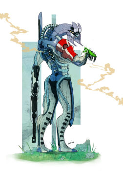 geth gun highres holding holding_weapon joints legion_(mass_effect) lintufriikki mantis mass_effect_(series) mechanical_arms rifle robot robot_joints sniper_rifle tumblr tumblr_username weapon white_background