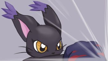 Rule 34 | animal hands, black gloves, blacktailmon, cat, clenched hand, digimon, digimon (creature), gloves, grey background, highres, m shamoji, paw gloves, punching, simple background, solo, thumbnail collage, whiskers, yellow eyes