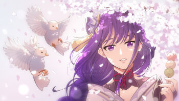 1girl absurdres armor artist_name bad_link bird blunt_bangs braid bridal_gauntlets cherry_blossoms clothing_cutout dango devonxy2 fan_hair_ornament flower flower_ornament food genshin_impact hair_ornament hand_up head_tilt highres holding holding_food japanese_clothes kimono long_braid long_hair looking_at_viewer mole mole_under_eye multicolored_hair neck_ribbon off_shoulder outdoors parted_lips pink_lips purple_background purple_eyes purple_flower purple_hair purple_kimono purple_sky raiden_shogun red_ribbon ribbon shade shoulder_armor shoulder_cutout single_braid sky solo standing streaked_hair teeth tree tree_shade upper_body wagashi watermark