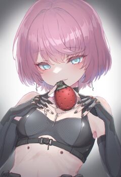 1girl absurdres android blue_eyes breasts crop_top explosive fingerless_gloves gloves grenade highres holding holding_grenade jewelry looking_at_viewer necklace oota_youjo original pink_hair short_hair small_breasts smile solo upper_body