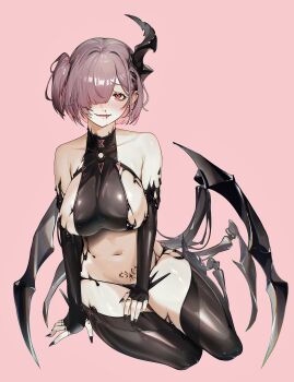 1girl above-cleavage_cutout arm_support bare_shoulders belt black_boots black_gloves black_horns black_liquid black_nails blood blood_on_face blunt_bangs blush boots breasts chest_belt clothing_cutout collarbone commentary earclip elbow_gloves full_body gloves goddess_of_victory:_nikke hair_between_eyes hair_over_one_eye highres horns large_breasts latex_bikini liquid_clothes looking_at_viewer lower_teeth_only navel nochi_22 nosebleed o-ring o-ring_belt o-ring_strap one_side_up open_mouth pink_background pink_hair pubic_tattoo red_eyes rigging sideboob sidelocks simple_background single_horn sitting skindentation solo stomach tattoo teeth thigh_boots yokozuwari ziz_(nikke)