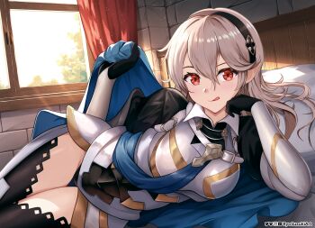 armor bed bedroom black_panties breasts cape female_corrin_(fire_emblem) fire_emblem fire_emblem_fates grey_hair hairband indoors licking_lips looking_at_viewer lying medium_breasts nintendo on_side panties pointy_ears red_eyes ryosuzuki thighs tongue tongue_out underwear