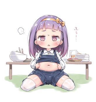 1girl blue_shorts blue_vest blush bow collared_shirt commentary_request full_body hair_bow hairband highres loli long_hair long_sleeves looking_at_viewer medium_hair navel open_mouth original overeating purple_eyes purple_hair shirt short_shorts shorts simple_background sitting solo table tamase_tama thighhighs triangle_mouth vest wariza white_background white_shirt white_thighhighs yellow_bow yellow_hairband