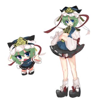 1girl black_shoes black_skirt blue_eyes chibi frilled_hat frills full_body green_hair hat highres juliet_sleeves kato_tog long_sleeves looking_at_viewer miniskirt pointing pointing_at_viewer puffy_sleeves ribbon-trimmed_skirt ribbon_trim rod_of_remorse shiki_eiki shoes short_hair simple_background skirt socks standing touhou white_background white_socks