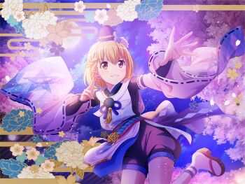 1girl black_shorts blonde_hair braid brown_eyes detached_sleeves game_cg half_up_braid hat japanese_clothes kariginu leg_up looking_afar official_art onmyouji otori_michiru outstretched_arm purple_hat sandals short_hair shorts shoujo_kageki_revue_starlight shoujo_kageki_revue_starlight_-re_live- smile socks solo upper_body white_sleeves white_socks