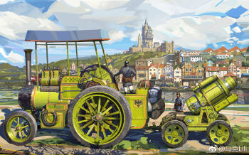 2boys belt belt_bag blue_coat blue_sky brown_bag brown_belt castle cloud coat day full_body grey_helmet gun hand_on_own_hip helm helmet highres hill holding holding_gun holding_weapon mark_lili multiple_boys original outdoors river scenery shotgun sky soldier town train weapon