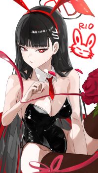 1girl absurdres alternate_costume black_hair blue_archive breasts english_text flower halo highres icetabetaaii large_breasts long_hair looking_at_viewer millennium_science_school_logo nail_polish playboy_bunny red_eyes rio_(blue_archive) rose smile solo