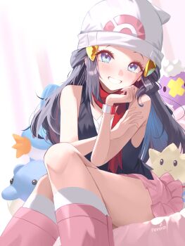 1girl absurdres bare_arms beanie black_hair black_vest blue_eyes blue_hair boots colored_inner_hair commentary_request crossed_legs dawn_(pokemon) drifloon gen_1_pokemon gen_2_pokemon gen_3_pokemon gen_4_pokemon grin hat highres jigglypuff miniskirt mudkip multicolored_hair nintendo pink_boots pink_skirt pokemon pokemon_dppt red_scarf revvie scarf sitting skirt smile solo spheal stuffed_toy thighs togepi vest watch white_hat wristwatch