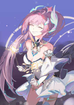 Rule 34 | 1girl, absurdres, aemeath (wuthering waves), bare shoulders, breasts, chinese commentary, cleavage, closed eyes, commentary request, elbow gloves, facing viewer, fireworks, glitch, gloves, grin, hair ornament, highres, holding, holding fireworks, leotard, long hair, medium breasts, mole, mole on shoulder, outdoors, pink hair, ponytail, purple sky, sky, smile, solo, sparkler, tacet mark (wuthering waves), thighs, white gloves, white leotard, wturnip, wuthering waves