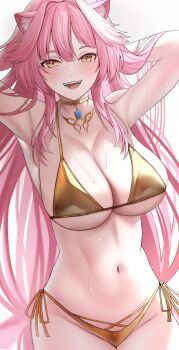 1girl :d absurdres animal_ear_fluff animal_ears armpits arms_up bikini breasts cat_ears cat_girl commentary fangs female_pubic_hair gold_bikini gold_choker golden_week hashtag-only_commentary highres hololive hololive_english large_breasts long_hair looking_at_viewer navel open_mouth panther_ears panther_girl pendant_choker pink_hair pubic_hair raora_panthera si_farid side-tie_bikini_bottom simple_background smile solo stomach sweat swimsuit teeth virtual_youtuber white_background yellow_eyes