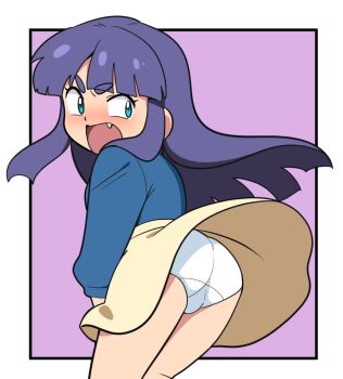 1girl ass blue_eyes blue_shirt blush embarrassed fang from_behind leaning_forward loli long_hair long_sleeves looking_back open_mouth original panties purple_background purple_hair shirt skirt standing underwear white_panties wind wind_lift yagami_miyako yellow_skirt yume_yoroi