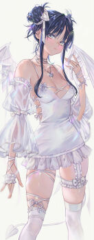 Rule 34 | 1girl, bare shoulders, black hair, bow, breasts, cleavage, clothing cutout, demon tail, demon wings, detached sleeves, double bun, dress, dress bow, earrings, frilled garter belt, garter belt, grey eyes, hair bun, hair ribbon, hand up, heart, heart necklace, highres, jewelry, kneehighs, leg ribbon, medium breasts, necklace, original, oto1 030, puffy sleeves, ribbon, ring, see-through clothes, see-through sleeves, see-through socks, short dress, side cutout, sidelocks, skindentation, sleeveless, sleeveless dress, socks, solo, tail, white bow, white dress, white garter belt, white ribbon, white socks, white wings, wings
