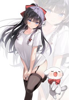 1girl absurdres black_garter_straps black_hair black_thighhighs bow braid breasts closed_mouth floating_hair garter_straps hair_bow hashtag-only_commentary highres kithera long_hair looking_at_viewer no_pants shirayuki_hina shirt short_sleeves simple_background single_braid smile stellive thighhighs virtual_youtuber white_background white_shirt zoom_layer