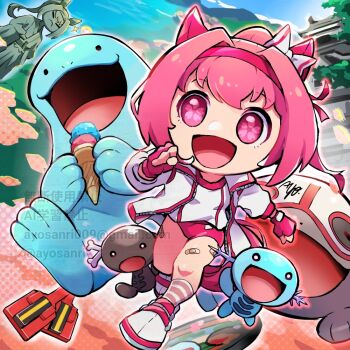 Rule 34 | 1girl, animal ears, ayo (ayosanri009), bandaid, bandaid on leg, buruma, clodsire, crossover, fingerless gloves, flower in eye, food, gen 2 pokemon, gloves, haru urara (umamusume), horse ears, horse girl, horse tail, ice cream, jacket, kochi prefecture, multiple scoops, nintendo, open mouth, paldean wooper, pink eyes, pink gloves, pink hair, pokemon, pokemon (creature), ponytail, quagsire, running, shirt, statue, symbol in eye, tail, umamusume, white jacket, white shirt, wooper