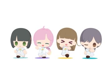 >_< 3d 4girls :d ;) ^_^ ahoge anyoji_hime black_hair black_ribbon blonde_hair blunt_bangs blunt_ends bob_cut braid brown_eyes brown_hair center-flap_bangs chibi chibi_only closed_eyes closed_mouth dress eight256bits full_body gradient_hair green_eyes grey_hair hair_ribbon hasu_no_sora_school_uniform highres kachimachi_kosuzu katsuragi_izumi love_live!_hasu_no_sora_jogakuin_school_idol_club long_hair love_live! momose_ginko multicolored_hair multiple_girls neckerchief one_eye_closed open_mouth pink_hair ponytail puffy_short_sleeves puffy_sleeves ribbon sailor_collar sailor_dress school_uniform short_hair short_sleeves side_ahoge side_braids simple_background smile summer_uniform virtual_youtuber white_background white_dress white_sailor_collar xd yellow_neckerchief