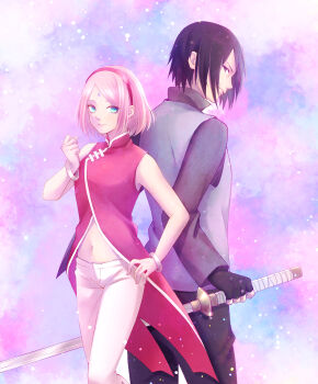 1boy 1girl absurdres back-to-back black_eyes black_gloves black_hair black_pants black_shirt boruto:_naruto_next_generations closed_mouth dress facial_mark fingerless_gloves forehead_mark gloves green_eyes hairband haruno_sakura highres holding holding_sword holding_weapon husband_and_wife looking_at_viewer looking_back midriff mochiii-s naruto_(series) navel pants pink_hair red_dress red_hairband shirt short_hair sleeveless sleeveless_dress smile sword uchiha_sasuke weapon white_pants