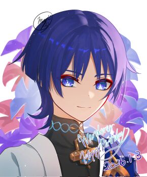 Rule 34 | 1boy, artist name, black bodysuit, blue cape, blue flower, blue hair, blunt ends, bodysuit, bright pupils, cape, closed mouth, commentary, dated, english commentary, eyeliner, floral background, flower, genshin impact, gold, happy birthday, highres, japanese clothes, kimono, looking at viewer, makeup, male focus, mandarin collar, multicolored hair, pink flower, pink hair, portrait, purple eyes, purple flower, purple hair, red eyeliner, scaramouche (genshin impact), sidelighting, smile, solo, split mouth, streaked hair, tsurime, wanderer (genshin impact), warp226, white background, white kimono, white pupils