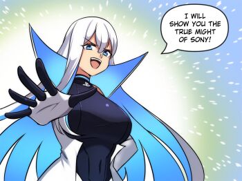 1girl blue_hair colored_inner_hair commentary elbow_gloves english_commentary english_text gloves highres long_hair merryweather multicolored_hair open_mouth original personification ps5_chan solo sony speech_bubble teeth two-tone_hair upper_body upper_teeth_only white_gloves white_hair