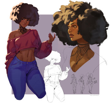 1girl afro blush dark-skinned_female dark_skin denim flat_color highres jeans lejeanx3 lips navel original pants practice sketch sunlight