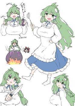 2girls :d antenna_hair apron bell_pepper blue_skirt bow breasts brown_hair cauldron collared_shirt commentary_request cooking deetamu eggplant fire frilled_apron frilled_bow frilled_hair_tubes frilled_skirt frills frog_hair_ornament green_eyes green_hair hair_ornament hair_tubes hakurei_reimu highres holding holding_knife holding_ladle huge_breasts knife kochiya_sanae ladle long_hair long_sleeves looking_at_viewer multiple_girls open_mouth red_bow shirt simple_background single_hair_tube single_sidelock skirt skirt_set smile snake_hair_ornament socks touhou translation_request trembling white_apron white_background white_socks wide_sleeves wing_collar