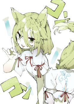 1girl absurdres animal_ears blonde_hair breasts commentary fox_ears fox_girl fox_shadow_puppet fox_tail hair_between_eyes highres ko~n kudamaki_tsukasa kuromaru_ira looking_at_viewer neck_ribbon open_mouth red_ribbon ribbon romper short_sleeves sleeve_ribbon small_breasts smile solo tail touhou translation_request white_romper yellow_eyes