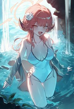 1girl :d absurdres aru_(blue_archive) bare_shoulders bikini blue_archive blush breasts breasts_apart collarbone commentary demon_horns flower grey_jacket groin hair_flower hair_ornament halo highres horns jacket large_breasts long_hair long_sleeves looking_at_viewer low_horns okkimon one-piece_swimsuit open_clothes open_jacket open_mouth orange_eyes pink_hair pink_halo plant rock shirt side-tie_bikini_bottom smile solo sweatdrop swimsuit thigh_gap thighs wading water waterfall white_flower white_one-piece_swimsuit white_shirt yellow_eyes