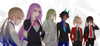 00kashian00 15-nin_no_richiteki_na_megane-tachi 1other 2girls 3boys absurdres adjusting_clothes adjusting_necktie androgynous arjuna_(fate) arjuna_alter_(fate) black_hair black_necktie black_suit blonde_hair blue-framed_eyewear blue_eyes blue_hair blue_hoodie blue_necktie blue_shirt braid breasts captain_nemo_(fate) crossdressing crossdressing_(ftm) crown_braid dark-skinned_male dark_skin fate/grand_order fate_(series) forehead_tattoo formal_clothes glasses gradient_hair green_eyes green_hair grey_vest hand_on_own_hip hand_up hands_in_pockets highres hood hoodie jacket medium_breasts medusa_(fate) medusa_(rider)_(fate) mordred_(fate) multicolored_hair multiple_boys multiple_girls necktie nemo_(fate) oda_nobukatsu_(fate) ponytail purple_eyes purple_hair red-framed_eyewear red_eyes red_jacket round_eyewear shirt sidelocks suit suit_jacket tattoo turtleneck vest white_jacket