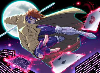 10s 1boy animification aura brown_hair card coat fingerless_gloves full_moon gambit gloves male_focus marvel moon nana-2009 playing_card short_hair solo staff trench_coat x-men
