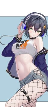 10_plus 1girl alternate_costume belle_(zenless_zone_zero) black_choker blue_jacket blush breasts choker crop_top fishnet_pantyhose fishnets green_eyes grey_background grey_shorts hair_ornament hand_up headphones highres jacket letter_hair_ornament medium_breasts navel pantyhose short_hair shorts solo stomach tank_top thigh_strap white_tank_top zenless_zone_zero