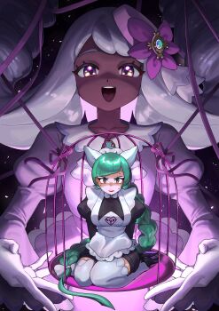2girls anipoke_uruto apron black_dress cage commentary_request dark-skinned_female dark_skin dress fascinator gloves green_hair highres jacinthe_(pokemon) lebanne_(pokemon) long_hair maid maid_apron maid_headdress multiple_girls nintendo pokemon pokemon_legends:_z-a purple_dress purple_eyes thighhighs very_dark_skin white_gloves white_thighhighs