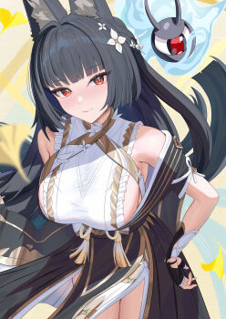 1girl absurdres animal_ear_fluff animal_ears bare_shoulders black_dress black_gloves black_hair breasts closed_mouth commentary_request cowboy_shot dress falling_leaves fingerless_gloves flower fox_ears fox_girl gloves hair_flower hair_ornament hand_on_own_hip highres hoshimi_miyabi hoshimi_miyabi_(dignified_blossom) ituka_kanau large_breasts leaf long_hair looking_at_viewer official_alternate_costume red_eyes sideboob single_fingerless_glove single_glove tailless_(zenless_zone_zero) two-tone_dress white_dress white_flower zenless_zone_zero