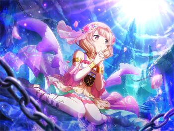 1girl blonde_hair blurry blurry_foreground bracelet chain closed_mouth dress flower furrowed_brow game_cg interlocked_fingers jewelry looking_up multicolored_dress official_art own_hands_together petals red_eyes short_hair shoujo_kageki_revue_starlight shoujo_kageki_revue_starlight_-re_live- sitting solo tanaka_yuyuko veil wariza