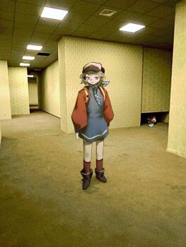 1girl ankle_boots apple apple_(reverse:1999) backrooms_(creepypasta) black_boots black_bow black_bowtie blue_neckerchief blue_skirt boots bow bowtie brown_eyes brown_hair ceiling ceiling_light food fruit full_body hat highres indoors jacket liminal_space miniskirt nats_(d0ughnats) neckerchief newsboy_cap open_clothes open_jacket open_mouth polka_dot_neckerchief red_jacket red_socks regulus_(reverse:1999) reverse:1999 short_hair skirt socks solo standing tile_ceiling tiles traditional_bowtie