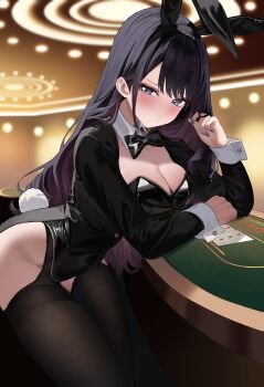 1girl absurdres animal_ears black_hair black_jacket black_leotard blue_eyes blush bow bowtie breasts brown_thighhighs cleavage covered_navel detached_collar embarrassed fake_animal_ears fake_tail hand_up hashtag-only_commentary highres indoors izayoi_arisa jacket kitagawa_marin leotard long_hair long_sleeves looking_at_viewer medium_breasts nail_polish playboy_bunny poker_table rabbit_ears rabbit_tail shaffelli solo sono_bisque_doll_wa_koi_wo_suru table tail tailcoat thighhighs wrist_cuffs