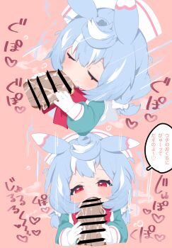 1boy 1girl animal_ears bar_censor blue_hair blush censored closed_eyes commentary_request fellatio genshin_impact gloves hat hetero highres loli medium_hair nurse_cap oral paid_reward_available penis penis_grab pink_background red_eyes sigewinne_(genshin_impact) simple_background sound_effects speech_bubble translation_request veins veiny_penis white_gloves white_hat zeru_(wisel_army)