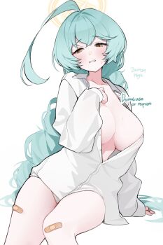 1girl ahoge arm_support averting_eyes bandaid bandaid_on_hand bandaid_on_knee bandaid_on_leg blue_archive blush breasts cleavage collarbone cowboy_shot curly_hair dated dot_nose embarrassed frown green_hair halo hand_on_own_chest hand_up highres huge_ahoge huge_breasts invisible_chair long_hair long_sleeves naked_shirt parted_lips partially_unbuttoned shirt simple_background sirin_(sirin_8_8) sitting sweatdrop thighs very_long_hair white_background white_shirt yellow_halo yume_(blue_archive)