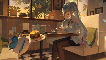 Rule 34 | 1girl, :d, absurdres, ameki (virtuareal), artist request, black pantyhose, black skirt, blue cardigan, blue eyes, blue necktie, booth seating, burger, cake, cardigan, cat, checkered floor, chinese commentary, collared shirt, commentary request, commission, cushion, eyes visible through hair, feet out of frame, flying pig, food, food on face, fork, french fries, gradient hair, hair over one eye, hand up, heart, heterochromia, highres, indoors, long hair, miniskirt, multicolored hair, necktie, nijisanji, open mouth, pantyhose, picture frame, pink hair, plaid clothes, plant, plate, pleated skirt, ponytail, potted plant, second-party source, shirt, sidelighting, sitting, skirt, sky, smile, solo, very long hair, virtual youtuber, virtuareal, white shirt, window, yellow eyes, yellow sky