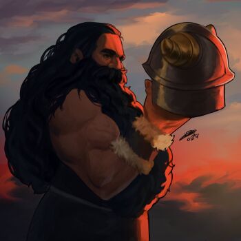 1boy bara beard black_hair cloud commentary covered_mouth cowboy_shot dungeon_meshi dwarf english_commentary facial_hair fake_horns fingernails from_side fur_trim hair_slicked_back hand_up helmet highres holding holding_unworn_helmet horned_helmet horns long_beard long_hair looking_to_the_side male_focus muscular muscular_male mustache nature nurve26 senshi_(dungeon_meshi) signature sky sleeveless solo twilight unworn_headwear unworn_helmet upper_body vambraces