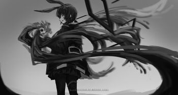 1girl :d amiya_(arknights) animal_ears arknights commentary day from_behind greyscale hair_between_eyes hand_up highres hood hood_down hooded_jacket jacket long_hair long_sleeves low_ponytail lumirumi monochrome open_clothes open_jacket open_mouth outdoors pantyhose pleated_skirt ponytail profile rabbit_ears rabbit_girl skirt sky smile solo twitter_username very_long_hair