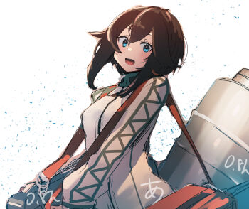 1girl black_hair black_skirt blue_eyes blush breasts brown_hair grey_eyes hair_between_eyes hayasui_(kancolle) highres jacket kantai_collection large_breasts long_sleeves looking_at_viewer machinery miniskirt one-hour_drawing_challenge open_mouth pleated_skirt rigging shirt short_hair skirt smile smokestack solo sunday_aki track_jacket upper_body