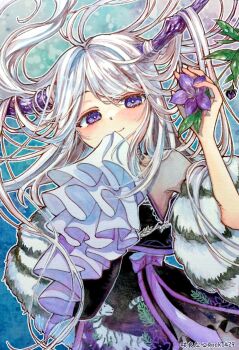 1girl bellflower black_dress chinese_bellflower commentary_request dress flower fur_shawl himeithigo horns indie_virtual_youtuber long_hair looking_at_viewer minazuki_miou_(vtuber) painting_(medium) purple_eyes purple_flower shawl sleeveless sleeveless_dress smile solo traditional_media upper_body virtual_youtuber watercolor_(medium) white_hair