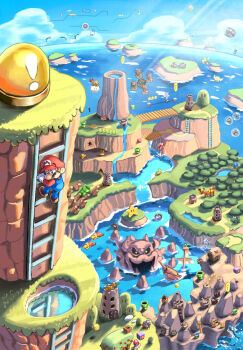 1boy ?_block banzai_bill blue_overalls blue_sky bridge brown_hair brown_shoes building character_request cloud commentary_request day fire_flower hat highres koopa_troopa ladder lakitu maribou_(supermaribou) mario mario_(series) nintendo ocean outdoors overalls p_switch piranha_plant red_hat shipwreck shoes short_hair sky star_(symbol) super_mario_world tree warp_pipe water waterfall wiggler