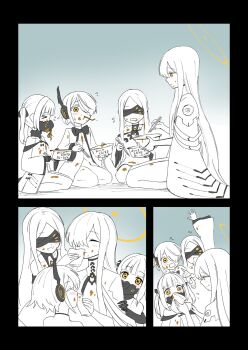 Rule 34 | 4girls, bindonkan, black mask, blindfold, blue archive, bowl, chopsticks, colored skin, commentary request, curry, curry udon, ein (blue archive), extra pupils, food, food on clothes, halo, highres, holding, holding bowl, holding chopsticks, long hair, malkuth (blue archive), mask, mechanical tail, multiple girls, no headwear, noodles, ohr (blue archive), respirator, siblings, sisters, slurping, sof (blue archive), symbol-shaped pupils, tail, triplets, udon, white hair, white skin, x-shaped pupils, yellow halo