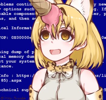 Rule 34 | 10s, 1girl, animal ears, animal print, blonde hair, blue background, blue screen of death, bow, bowtie, cat ears, disco brando, empty eyes, food, ice cream, ice cream cone, kemono friends, open mouth, serval (kemono friends), short hair, signature, sleeveless, two-tone bow, two-tone bowtie