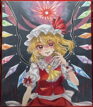 1girl absurdres ascot back_bow blonde_hair bow collared_shirt commentary_request crystal crystal_wings fingernails flandre_scarlet frilled_shirt_collar frills hat highres long_fingernails looking_at_viewer mitsu~ mob_cap multicolored_wings one_side_up open_mouth puffy_short_sleeves puffy_sleeves red_bow red_eyes red_nails red_skirt red_vest sharp_fingernails shirt short_sleeves skirt skirt_set sleeve_bow smile solo touhou traditional_media vest white_bow white_hat white_shirt wings wrist_cuffs yellow_ascot